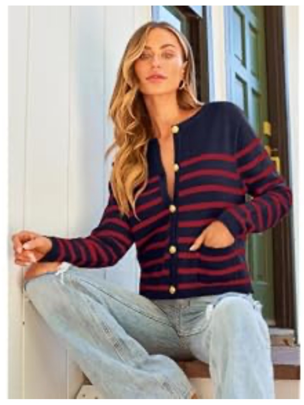 Navy and Red Stripe Cardigan Sweater with Gold Buttons, XL NWT Sealed